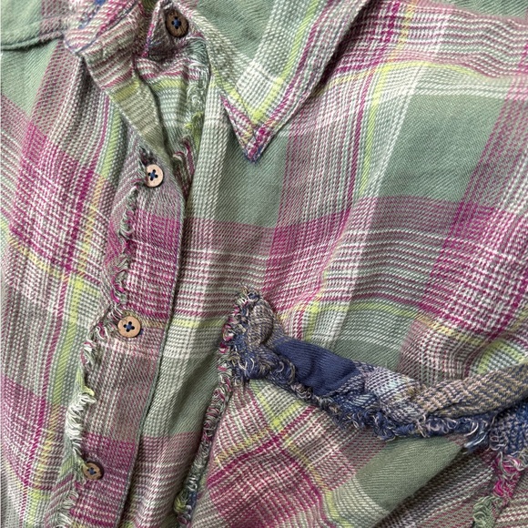 Free People Plaid Patchwork Ruffle Button-Up Flannel Shirt XS 💎EUC Retail $179 - Picture 8 of 8